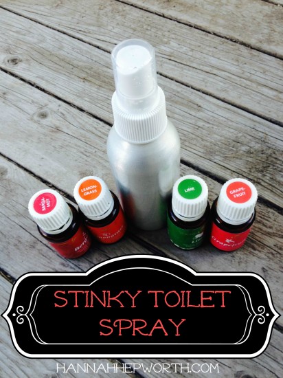 Stinky Toilet Spray | https://www.hannahhepworth.com Create your own toilet freshening spray with essential oils, witch hazel and water.  Mix them up and keep the spray bottle on the back of your loo.  Just spritz the toilet water, go, flush, and voila, stink free!